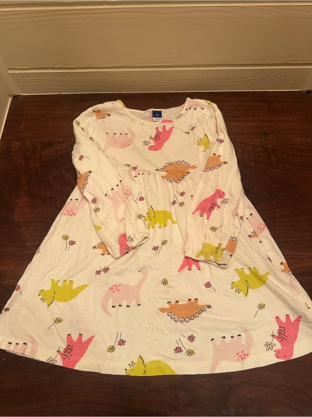 Old Navy Cream Dress with Pink, Yellow and Orange Dino Print